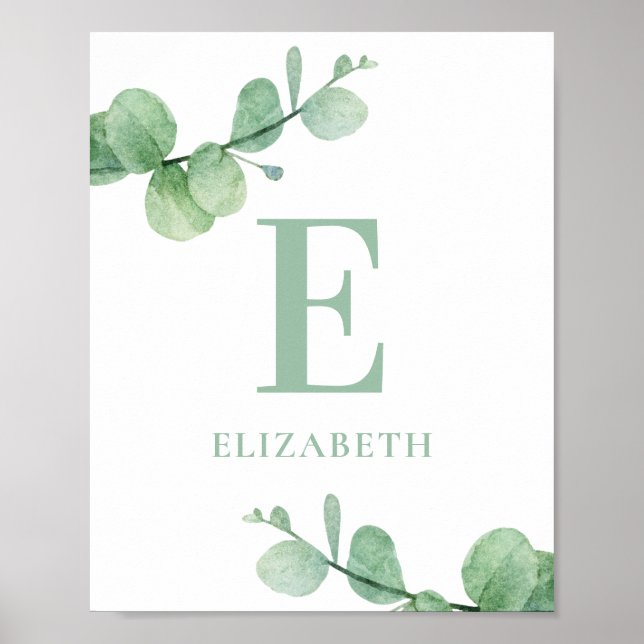 Watercolor eucalyptus baby monogram. Green nursery Poster (Front)