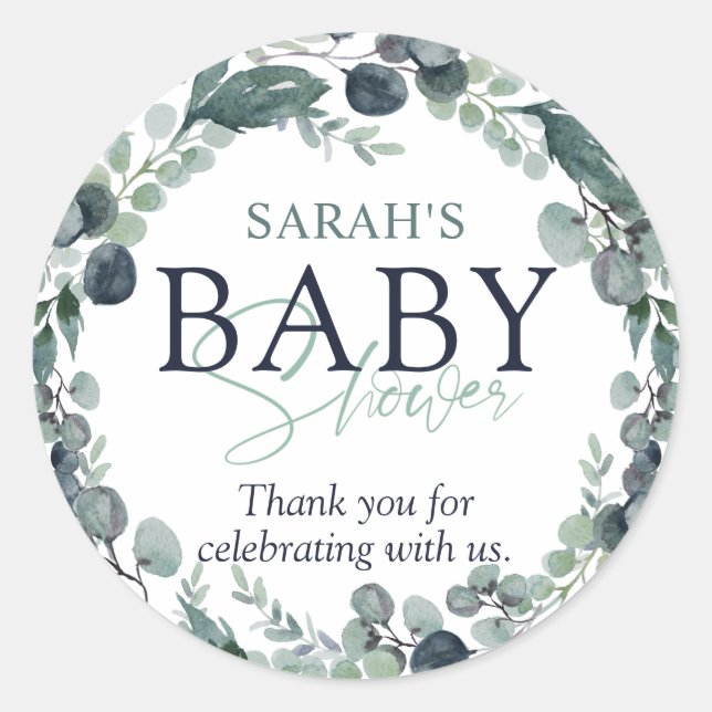 Watercolor Eucalyptus Baby Shower Thank You Classic Round Sticker (Front)