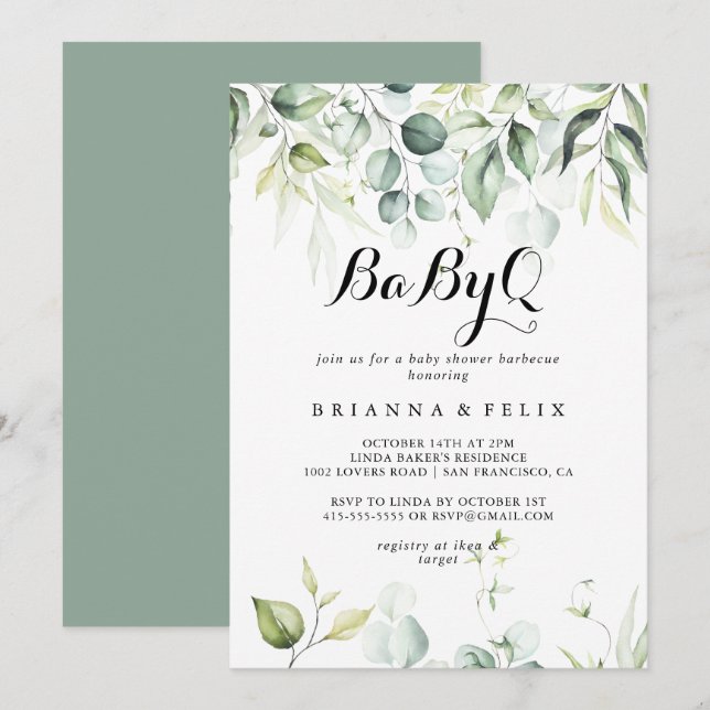 Watercolor Eucalyptus BabyQ Baby Shower Barbecue  Invitation (Front/Back)
