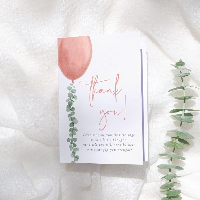 Watercolor Eucalyptus & Balloon Girl Baby Shower Thank You Card (Creator Uploaded)