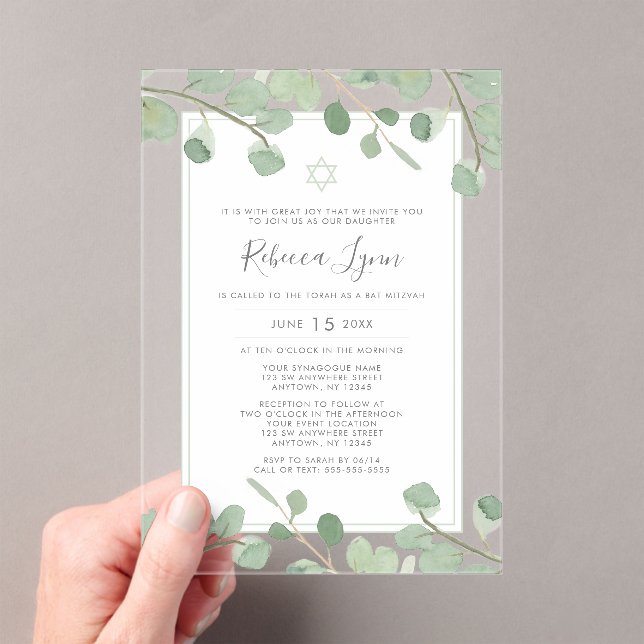 Watercolor Eucalyptus Bat Mitzvah Acrylic Invitations (Insitu (Handheld))