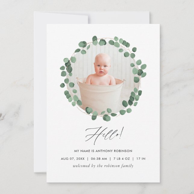 Watercolor Eucalyptus Birth Announcement Card (Front)