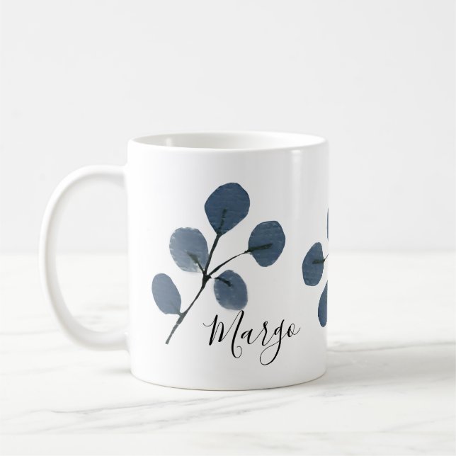 Watercolor Eucalyptus Blue Botanical Hand Painted Coffee Mug (Left)