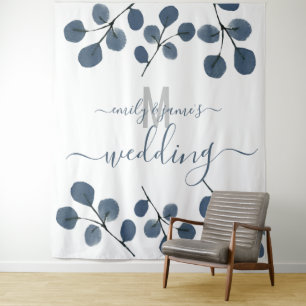 Watercolor Eucalyptus Blue Botanical Wedding Day Tapestry