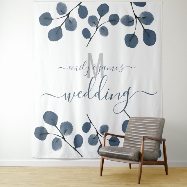 Watercolor Eucalyptus Blue Botanical Wedding Day Tapestry (In Situ)