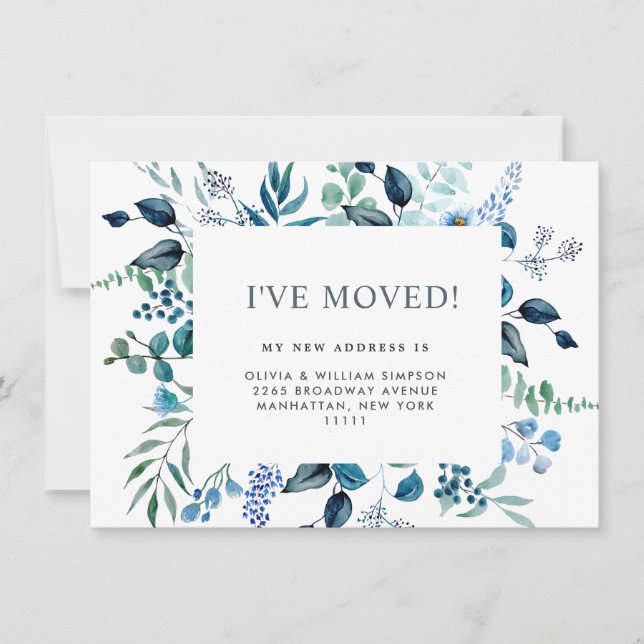 Watercolor Eucalyptus Blue Roses Floral Moving Announcement (Front)