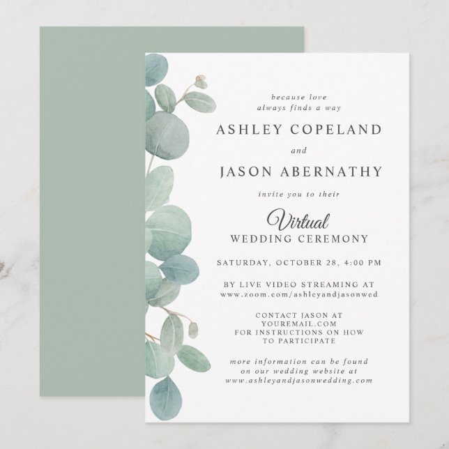 Watercolor Eucalyptus Border Virtual Wedding Invitation (Front/Back)