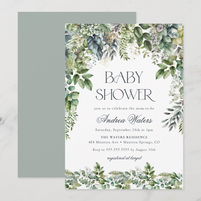 Watercolor Eucalyptus Botanical Baby Shower Invitation (Front/Back)
