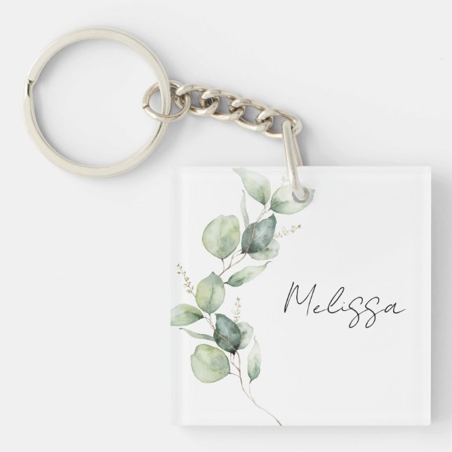 Watercolor Eucalyptus Botanical Custom Key Ring (Front)