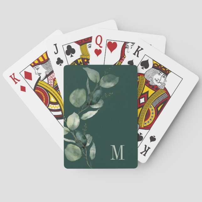Watercolor Eucalyptus Botanical Monogram Playing Cards (Back)