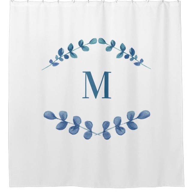 Watercolor Eucalyptus Botanical Monogram Shower Curtain (Front)