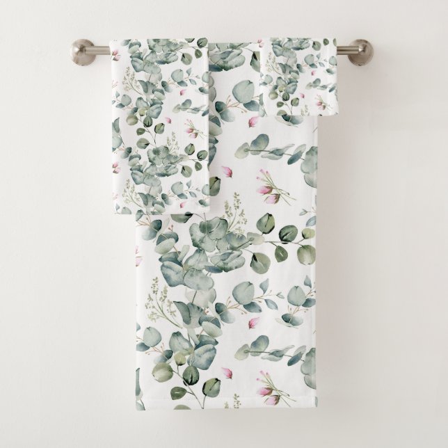 Watercolor Eucalyptus Botanical Seamless Pattern Bath Towel Set (Insitu)