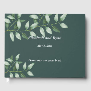 Watercolor Eucalyptus Botanical, Teal Green Custom Guest Book