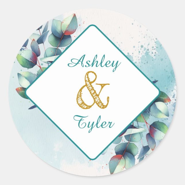 Watercolor Eucalyptus Botanical Wedding   Classic Round Sticker (Front)