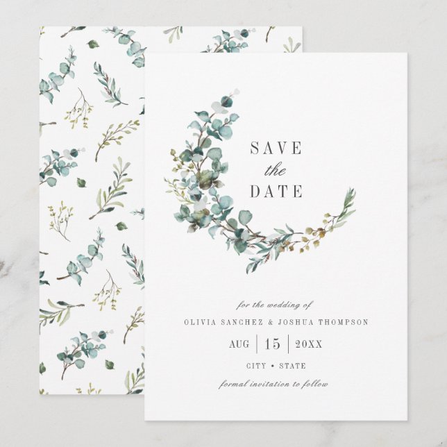 Watercolor Eucalyptus Botanical Wedding Save The Date (Front/Back)