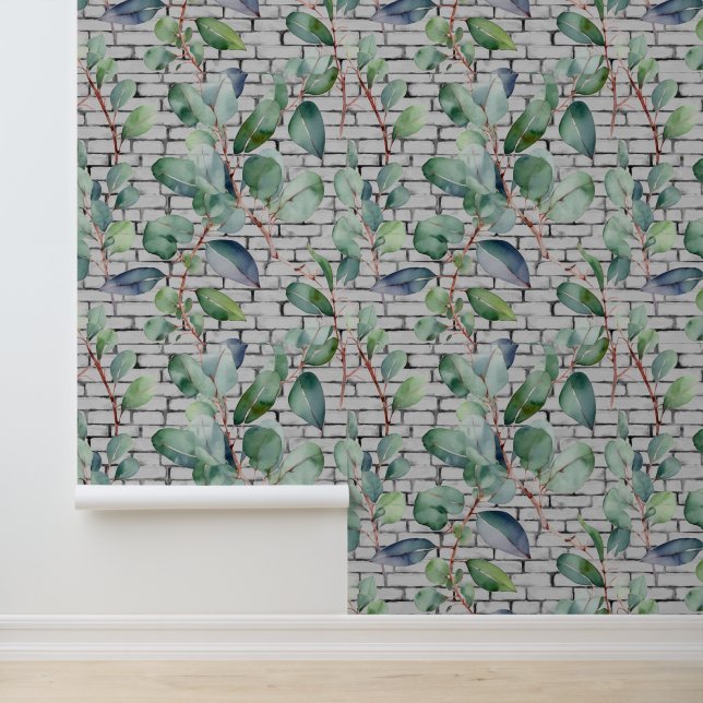 Watercolor Eucalyptus Brick Leaves Greenery Garden Wallpaper (Application)