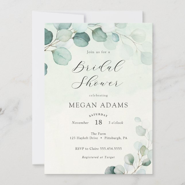 Watercolor Eucalyptus Bridal Shower Invitation (Front)