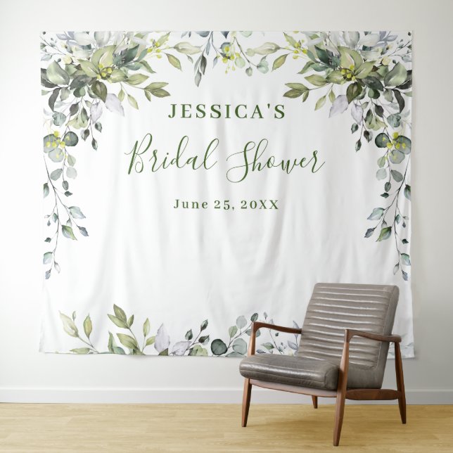 Watercolor Eucalyptus Bridal Shower Photo Backdrop Tapestry (In Situ (Horizontal))