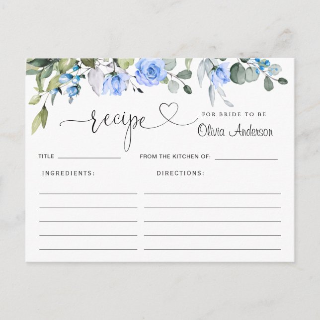 Watercolor Eucalyptus Bridal Shower Recipe Card (Front)