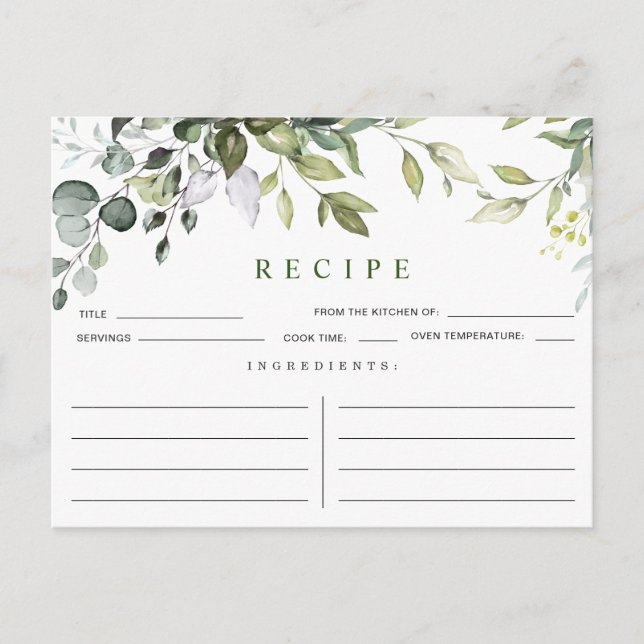 Watercolor Eucalyptus Bridal Shower Recipe Card (Front)