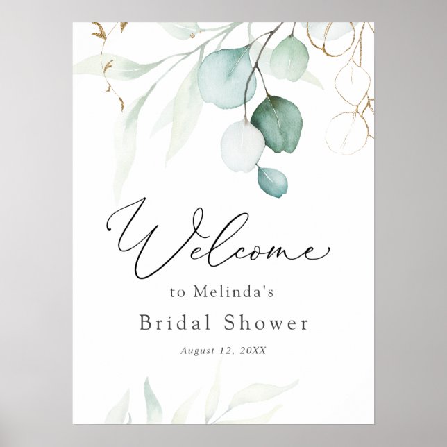 Watercolor Eucalyptus Bridal Shower Welcome Sign (Front)