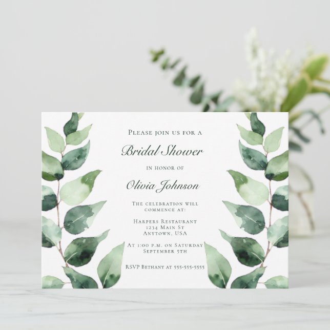 Watercolor Eucalyptus Bridal Shower | White Invitation (Standing Front)