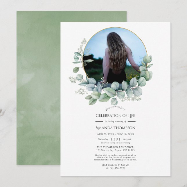 Watercolor Eucalyptus Celebration of Life Photo Invitation (Front/Back)