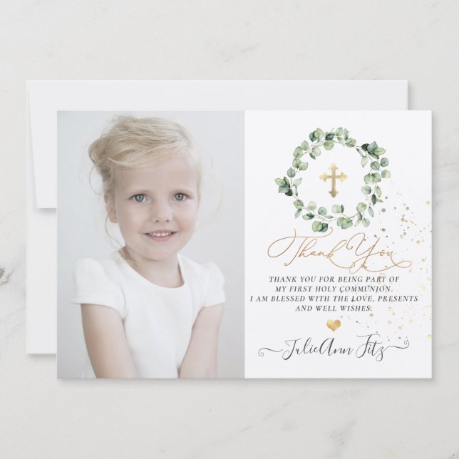 Watercolor Eucalyptus Communion Thank You Invitation (Front)