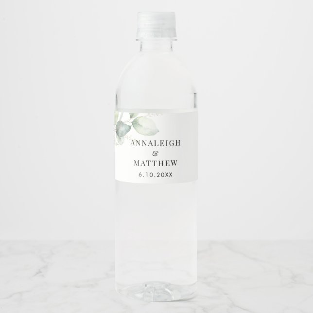 Watercolor Eucalyptus Elegant Bridal Shower Water Bottle Label (Front)