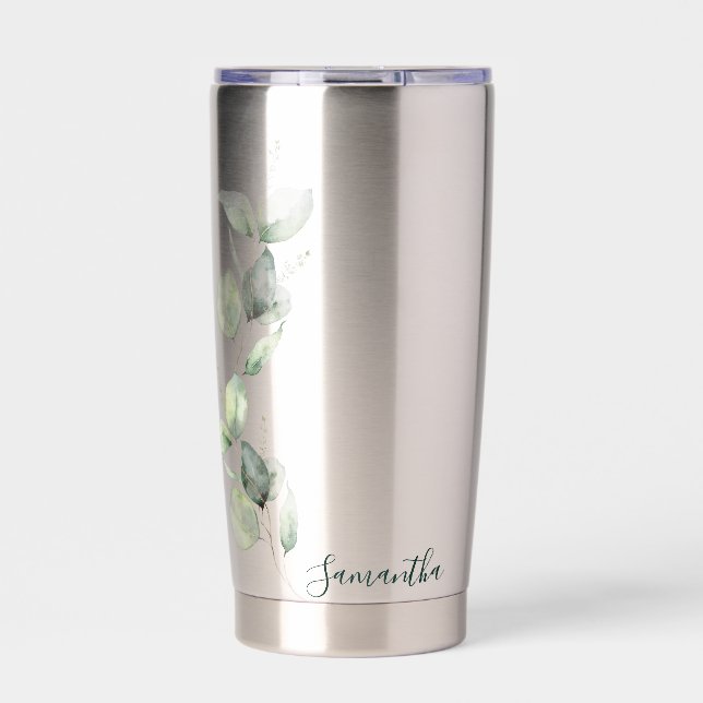 Watercolor Eucalyptus Elegant Script Personalised Insulated Tumbler (Front)