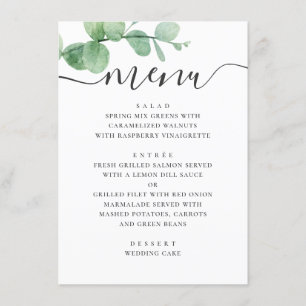Watercolor eucalyptus. Elegant script wedding Menu