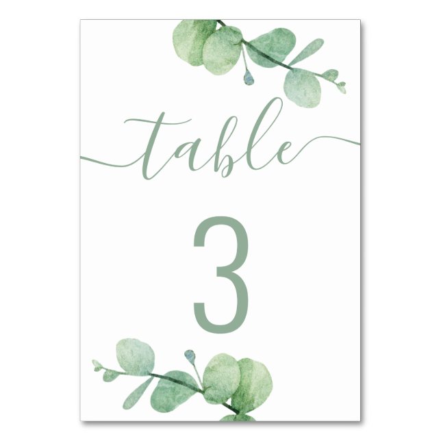Watercolor eucalyptus. Elegant script wedding Table Number (Front)