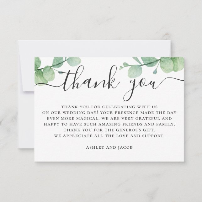 Watercolor eucalyptus. Elegant script wedding Thank You Card (Front)