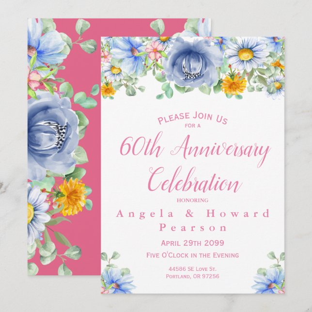 Watercolor Eucalyptus Floral 60th Anniversary Invitation (Front/Back)