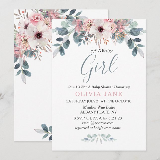 Watercolor Eucalyptus Floral Baby Shower  Invitation (Front/Back)