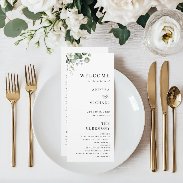 Watercolor Eucalyptus Floral Minimal Plain Wedding Programme (Creator Uploaded)