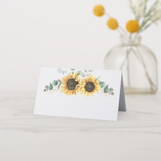 Watercolor Eucalyptus Floral Sunflower Wedding Place Card (Front)