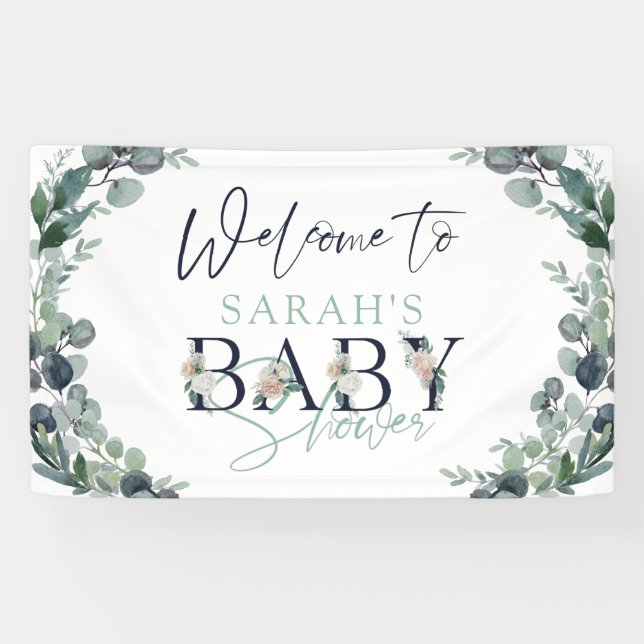 Watercolor Eucalyptus Floral Welcome Baby Shower Banner (Horizontal)