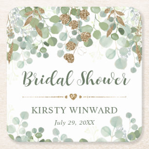 Watercolor Eucalyptus Foliage Bridal Shower Square Paper Coaster