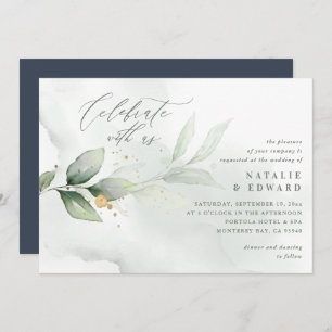 Watercolor eucalyptus foliage navy gold wedding