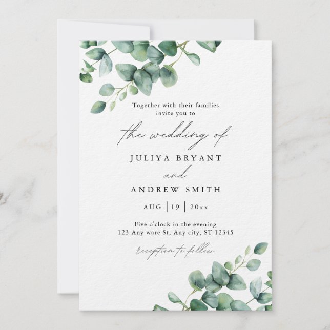 Watercolor Eucalyptus foliage script wedding Invitation (Front)