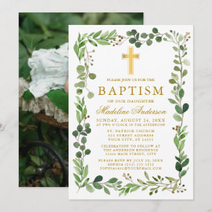 Watercolor Eucalyptus Frame Gold Baptism Photo Invitation