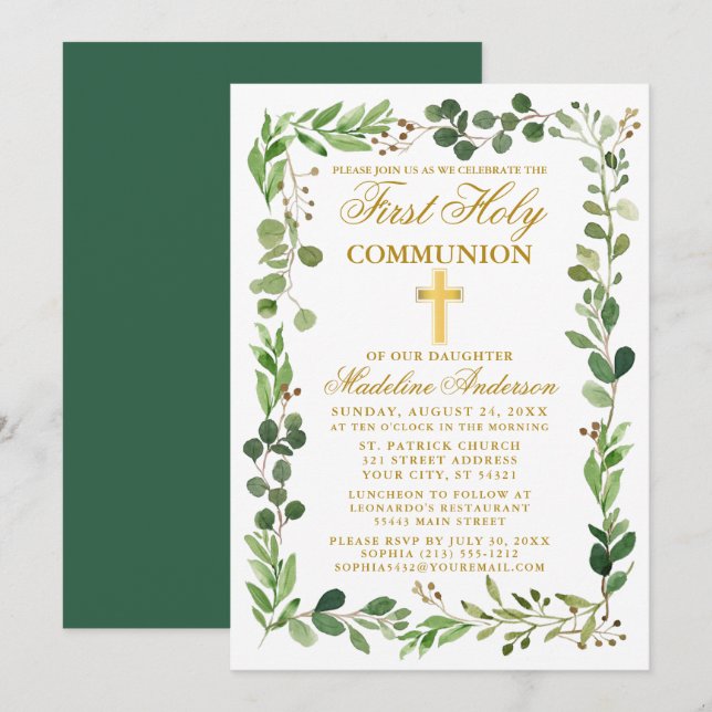 Watercolor Eucalyptus Frame Gold First Communion Invitation (Front/Back)
