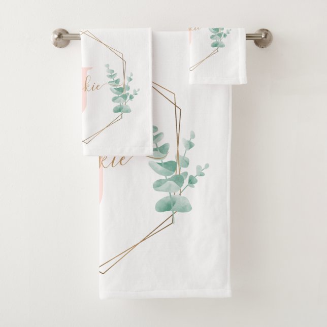 Watercolor Eucalyptus Frame Monogram Bath Towel Set (Insitu)
