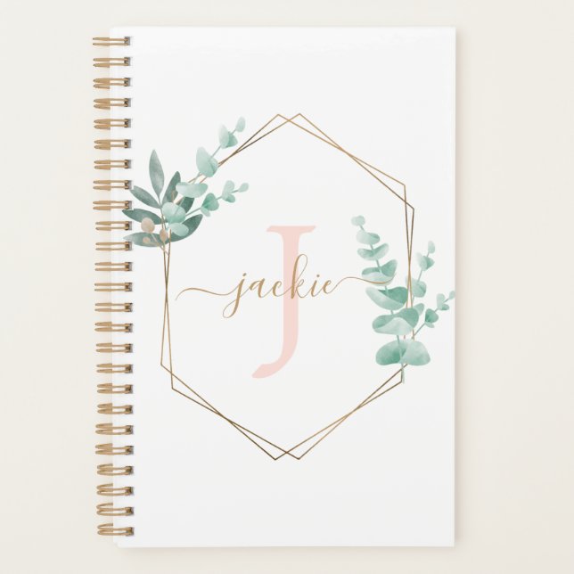 Watercolor Eucalyptus Frame Monogrammed Planner (Front)