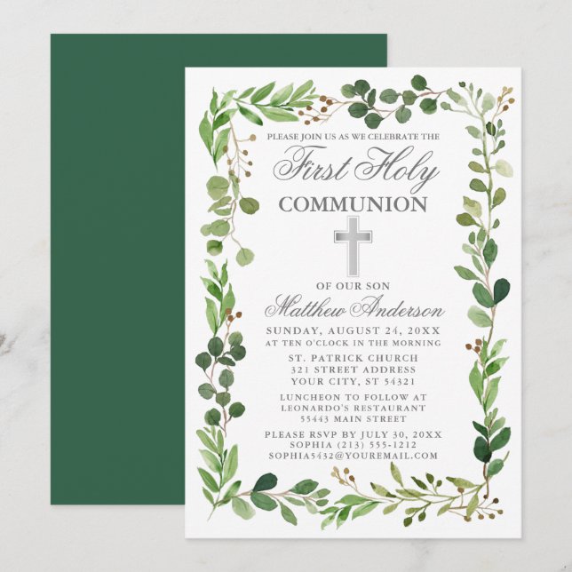Watercolor Eucalyptus Frame Silver First Communion Invitation (Front/Back)