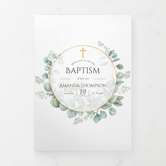 Watercolor Eucalyptus Geometric Baptism Photo Tri-Fold Card (Cover)