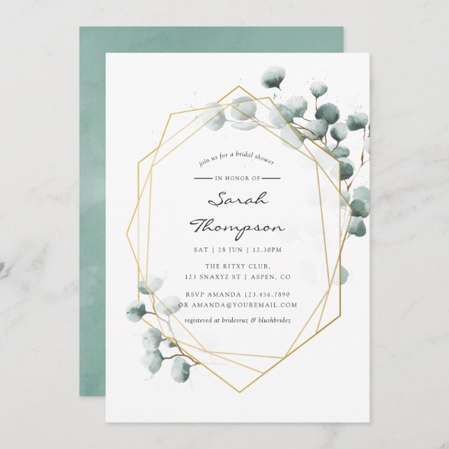 Watercolor Eucalyptus Geometric Bridal Shower Invitation (Front/Back)