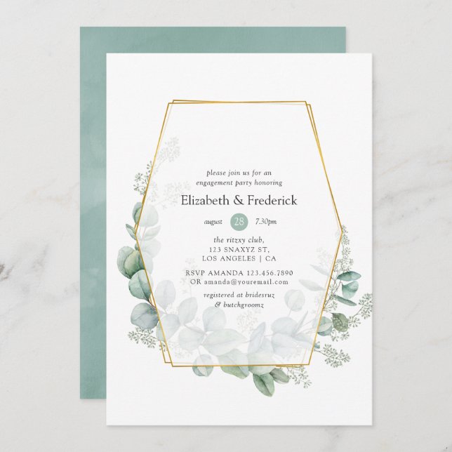 Watercolor Eucalyptus Geometric Engagement Party Invitation (Front/Back)