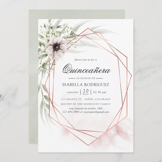 Watercolor Eucalyptus Geometric Quinceañera Invitation (Front/Back)